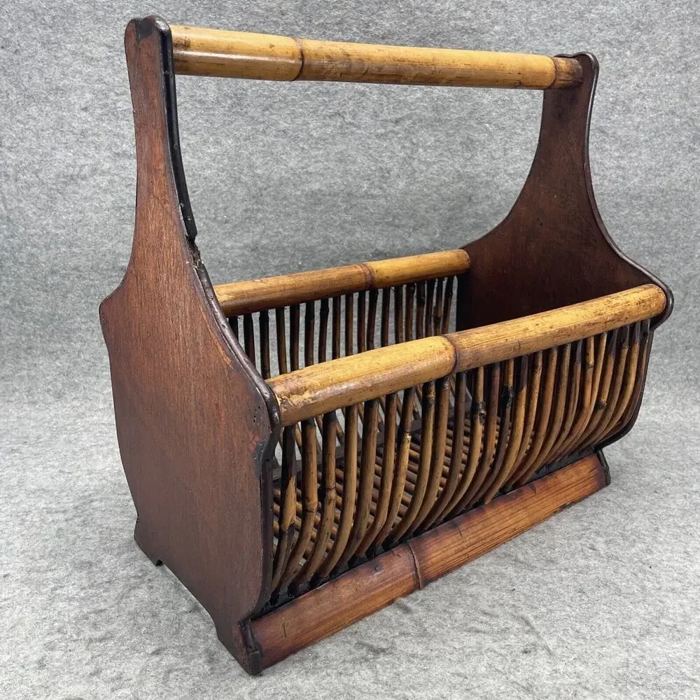 VTG Mid Century Modern Burnt Rattan Tortoise Tiger Bamboo Magazine Rack Basket